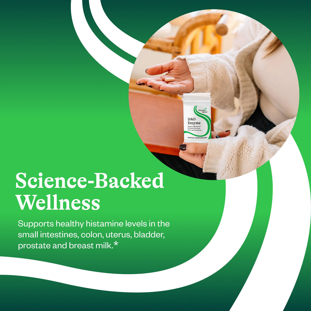 Graphic depicting histamine digestion support with DAO enzyme