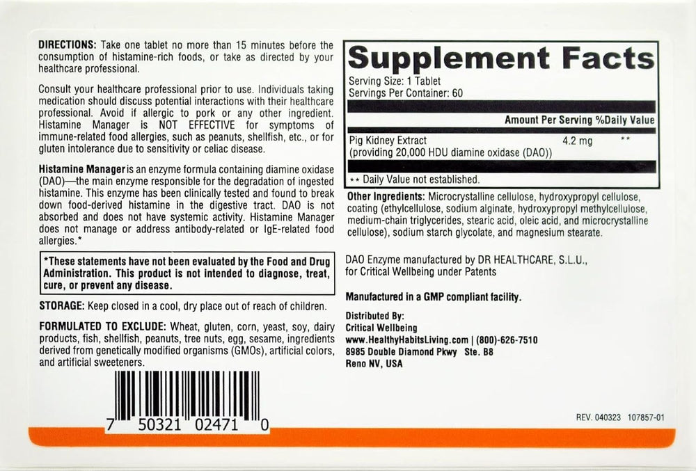 Close-up of Histamine Manager tablet showing 20,000 HDU Diamine Oxidase (DAO)
