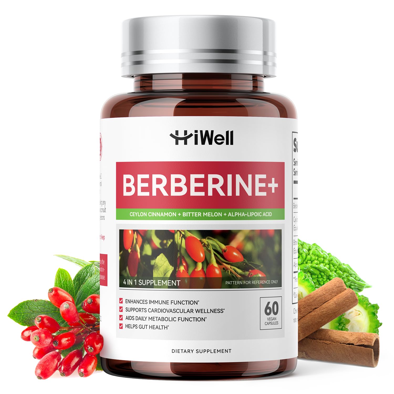 Front view of HiWell Berberine with Ceylon Cinnamon bottle showing label