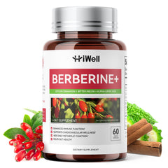 Front view of HiWell Berberine with Ceylon Cinnamon bottle showing label