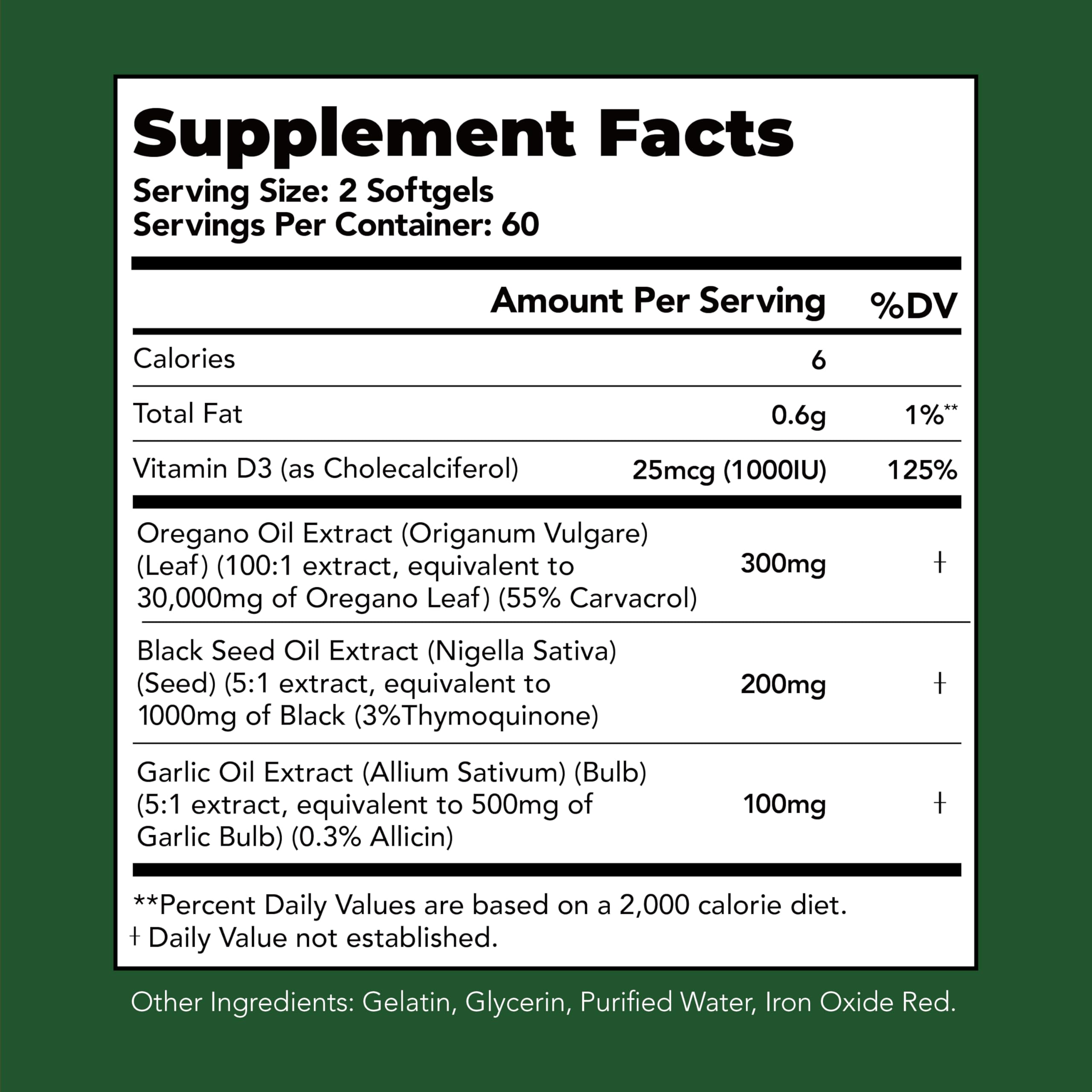 Small, easy-to-swallow softgels with oregano scent
