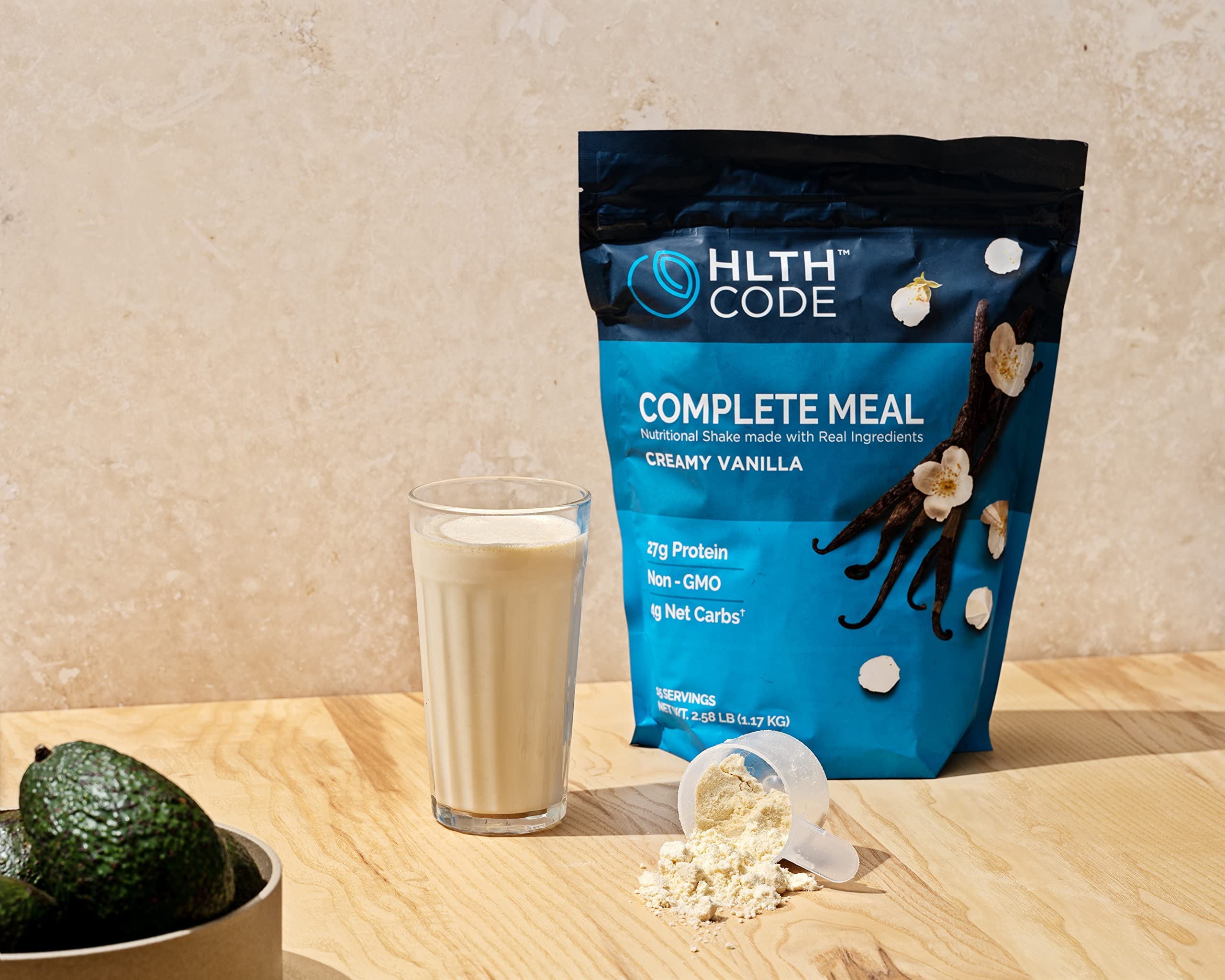 HLTH CODE Complete Meal Replacement glass top view suggesting creamy vanilla texture and satisfaction.