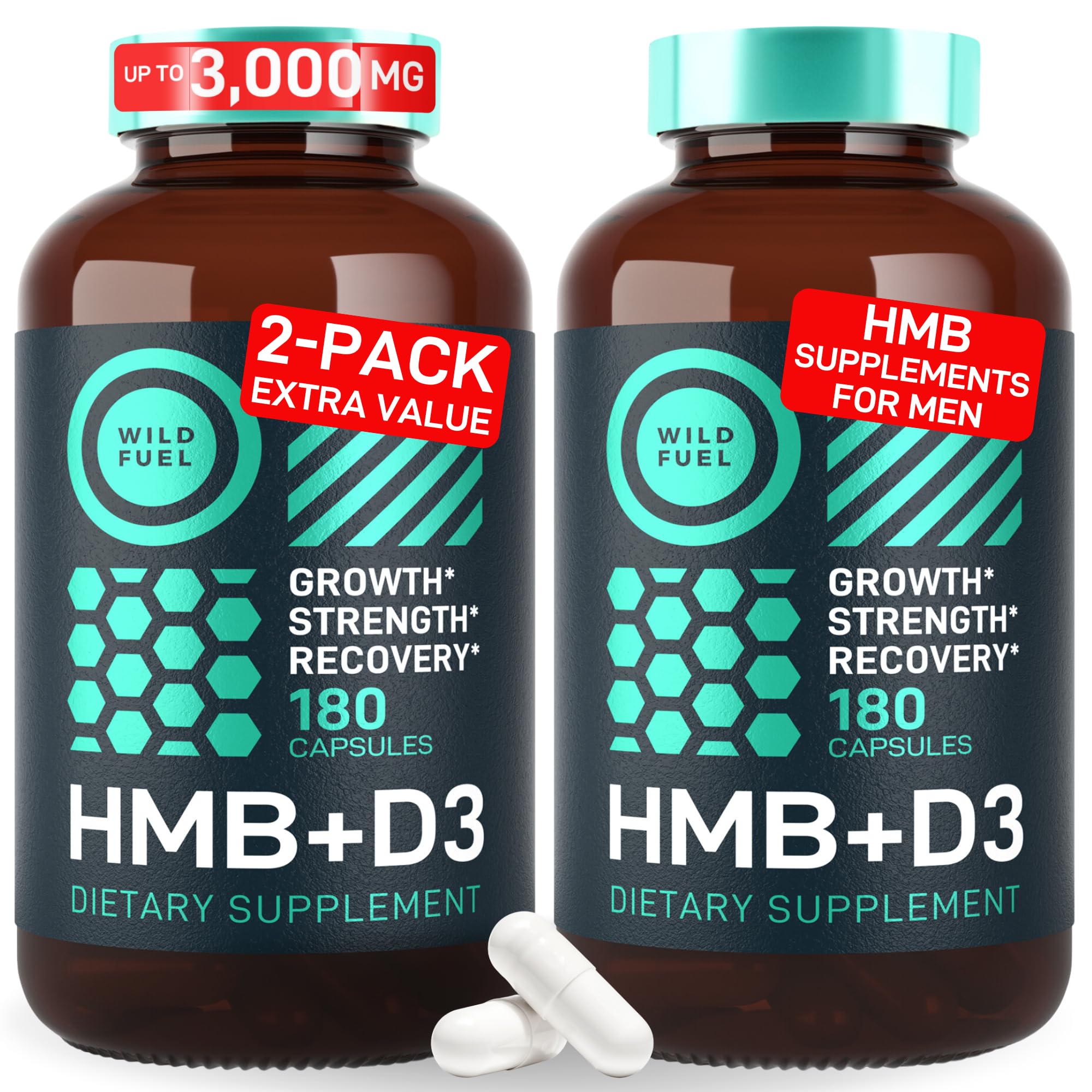Bottle of HMB and Vitamin D3 capsules, 360-count, front view