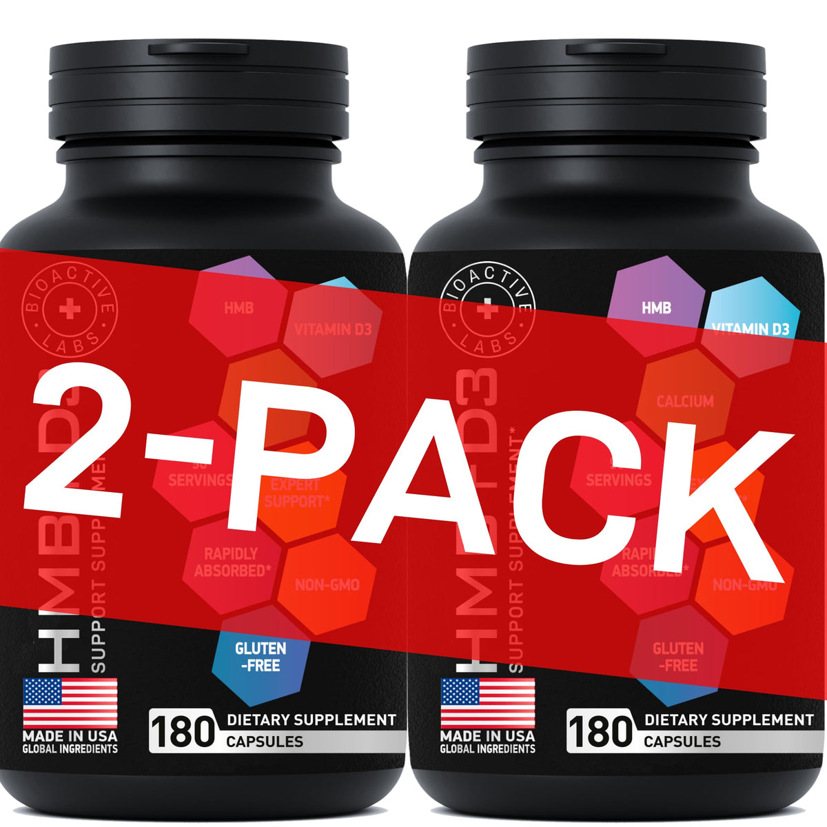 Bottle of HMB and Vitamin D3 supplement with calcium