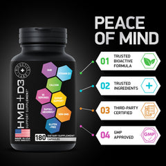 Supplement facts on HMB and Vitamin D3 bottle