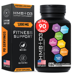Front view of HMB + Vitamin D3 supplement bottle