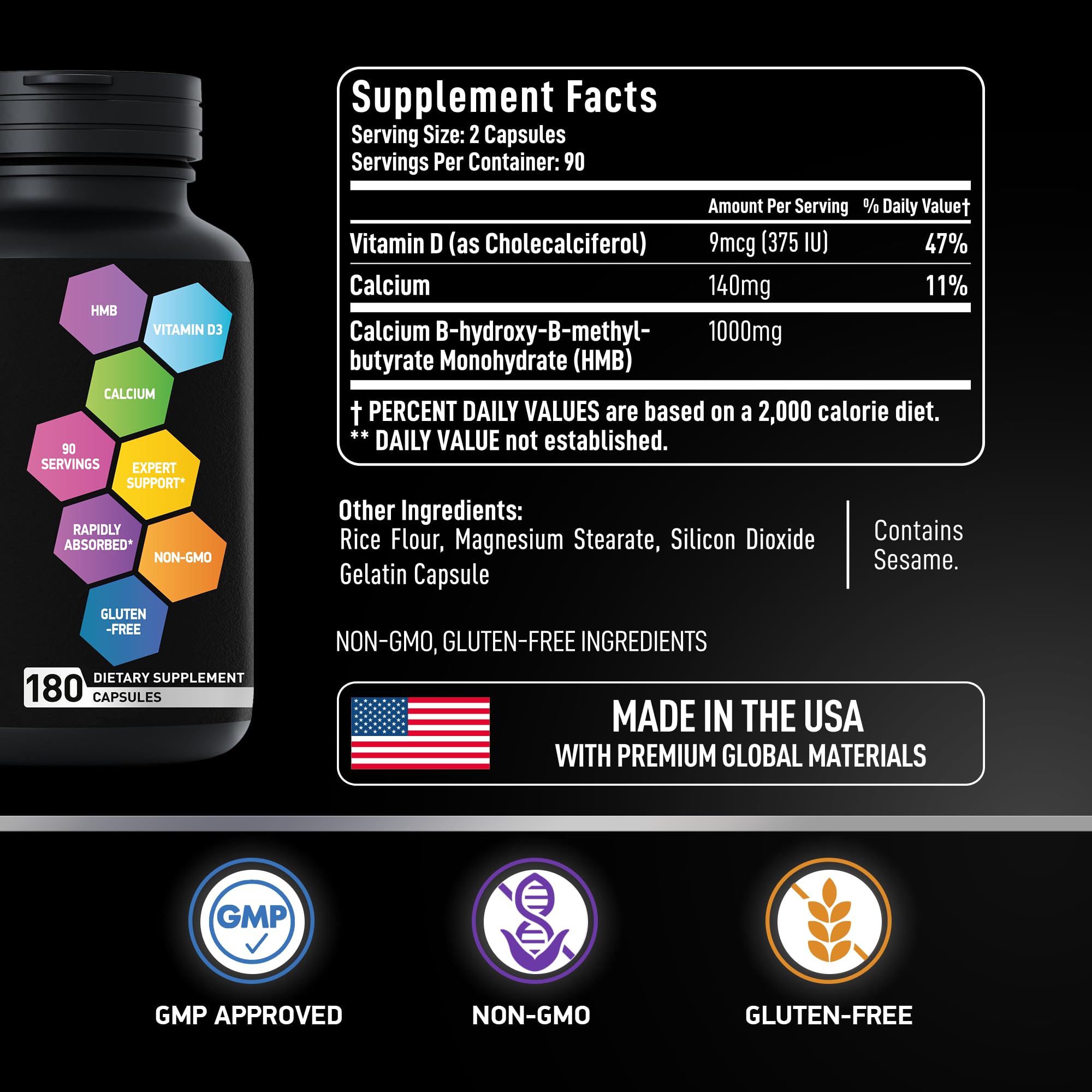 Made in USA label for HMB D3 supplement