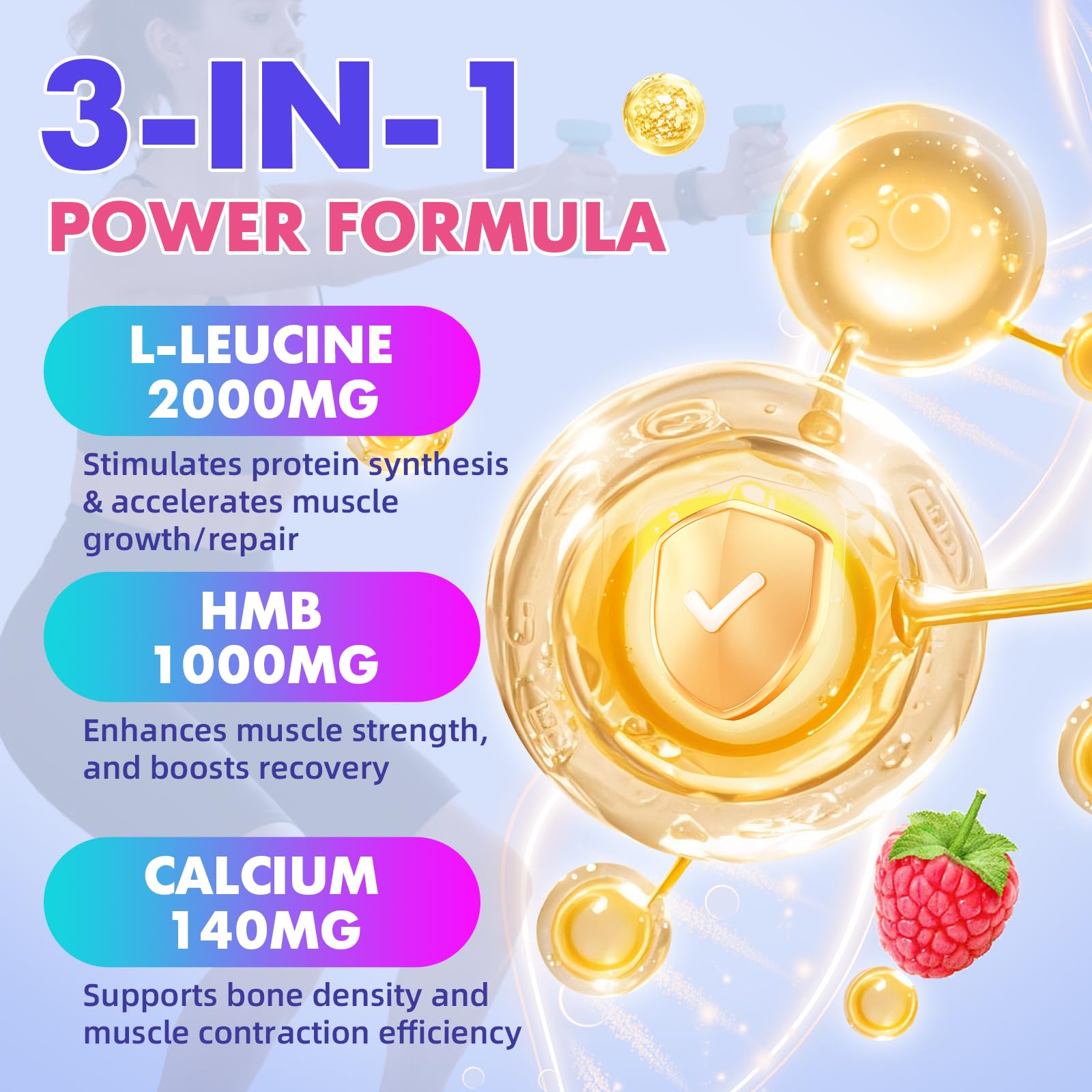 Nutrition and ingredients panel for HMB and L-Leucine gummies