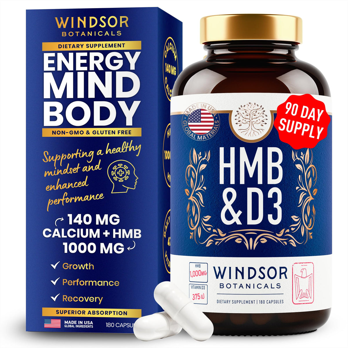 Front view of HMB and Vitamin D3 supplement bottle with 180 capsules