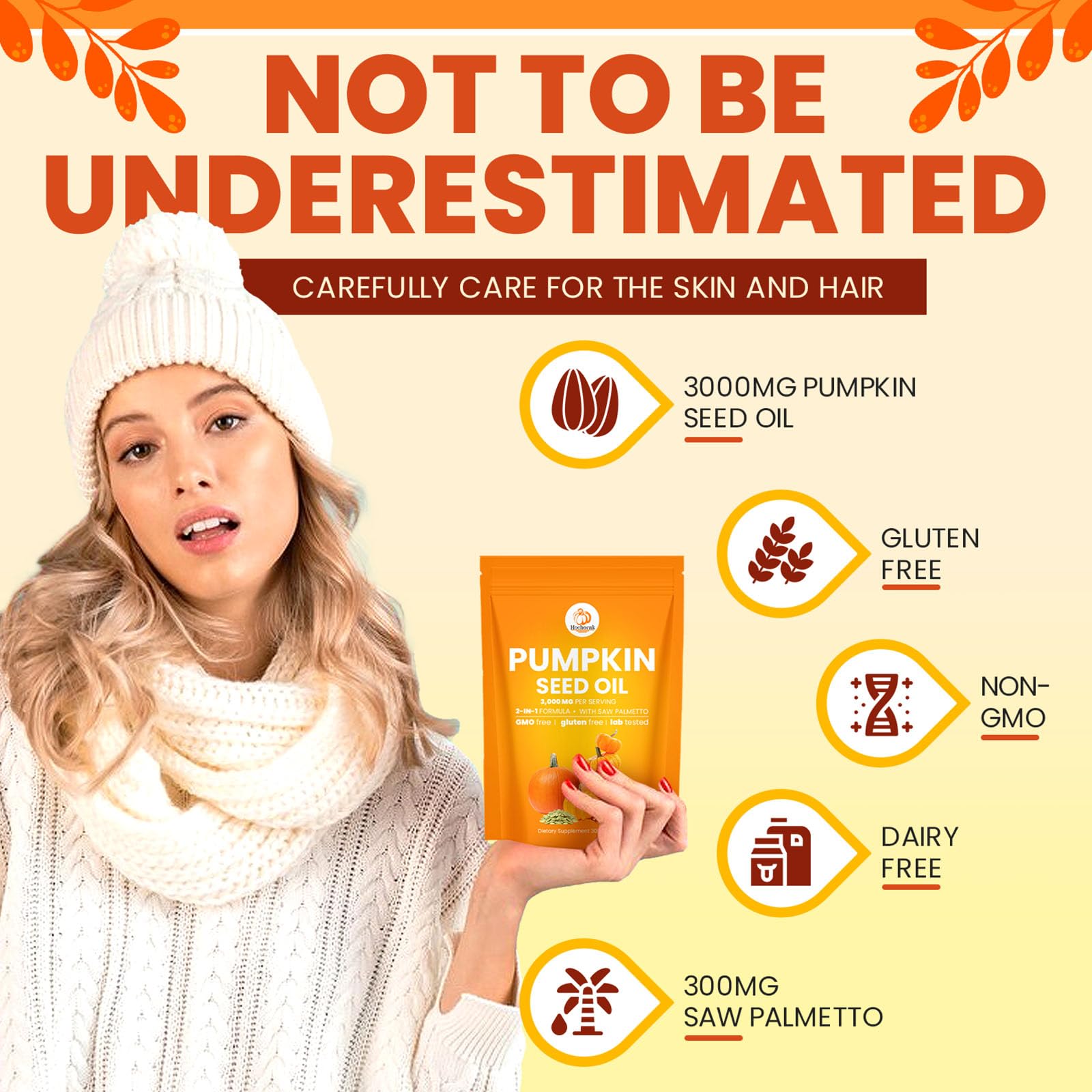 Benefits infographic for Hochornk Pumpkin Seed Oil Capsules: hair, scalp, heart, skin