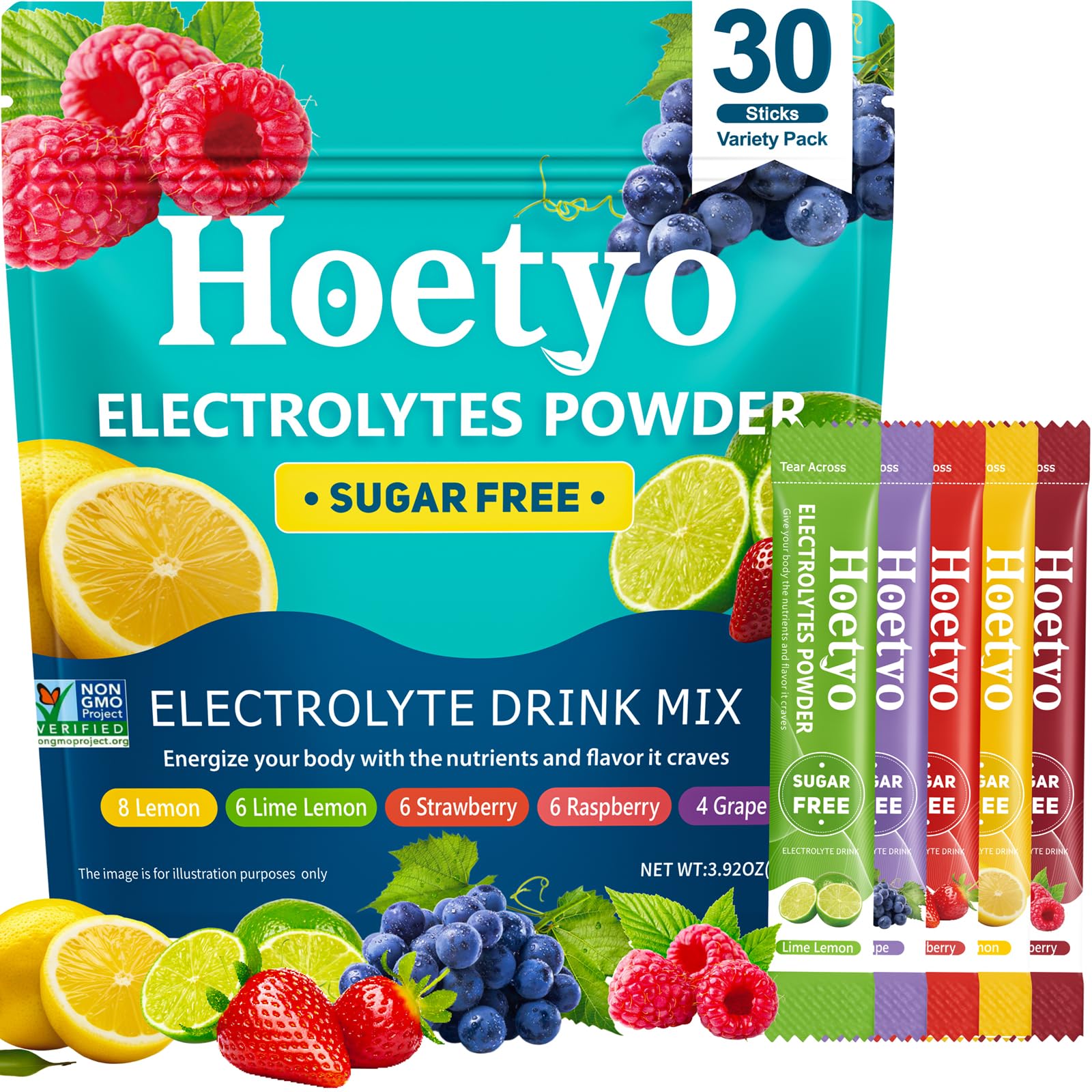 HOETYO lemon electrolyte packet for on-the-go hydration.