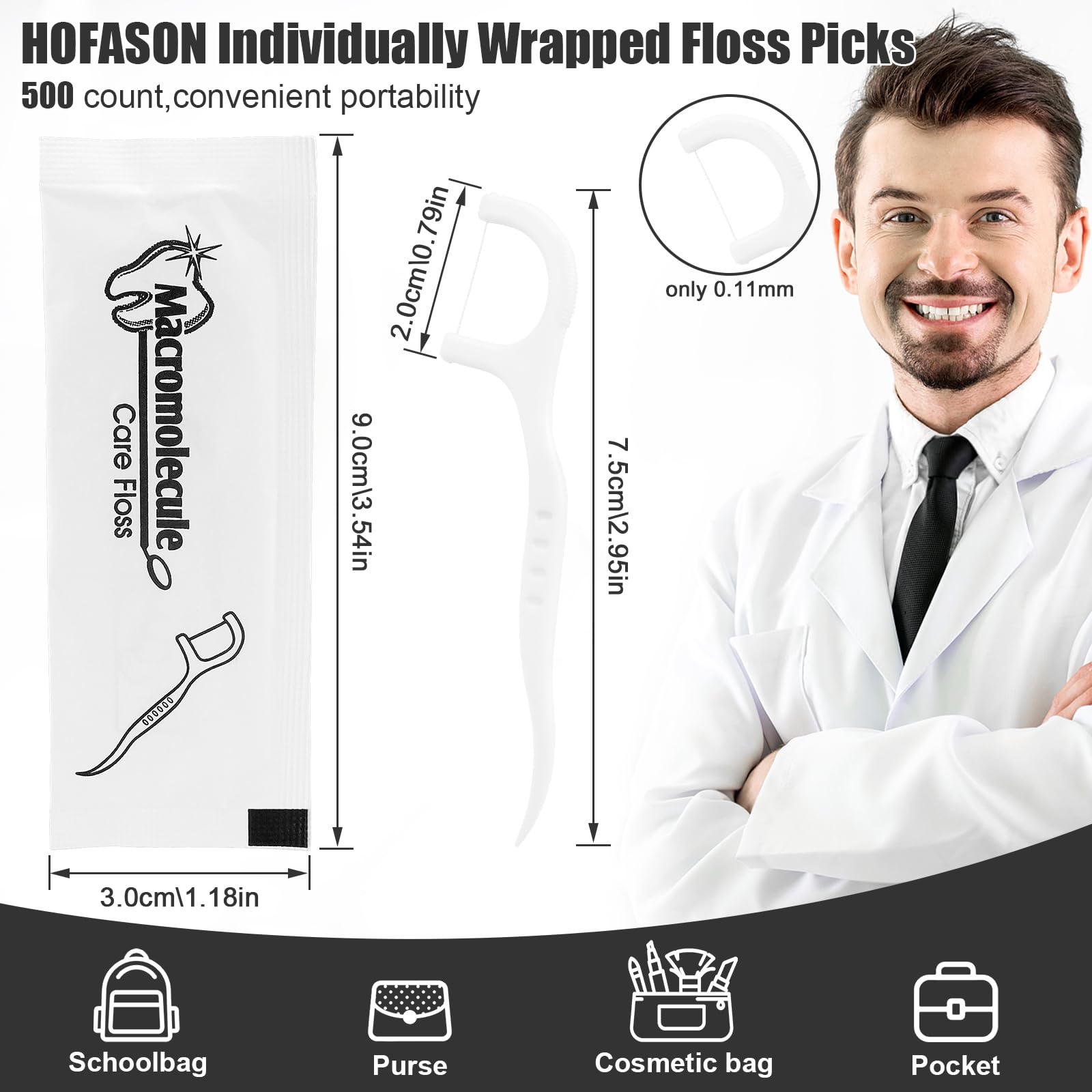 Floss picks with individual wrappers shown for travel and storage