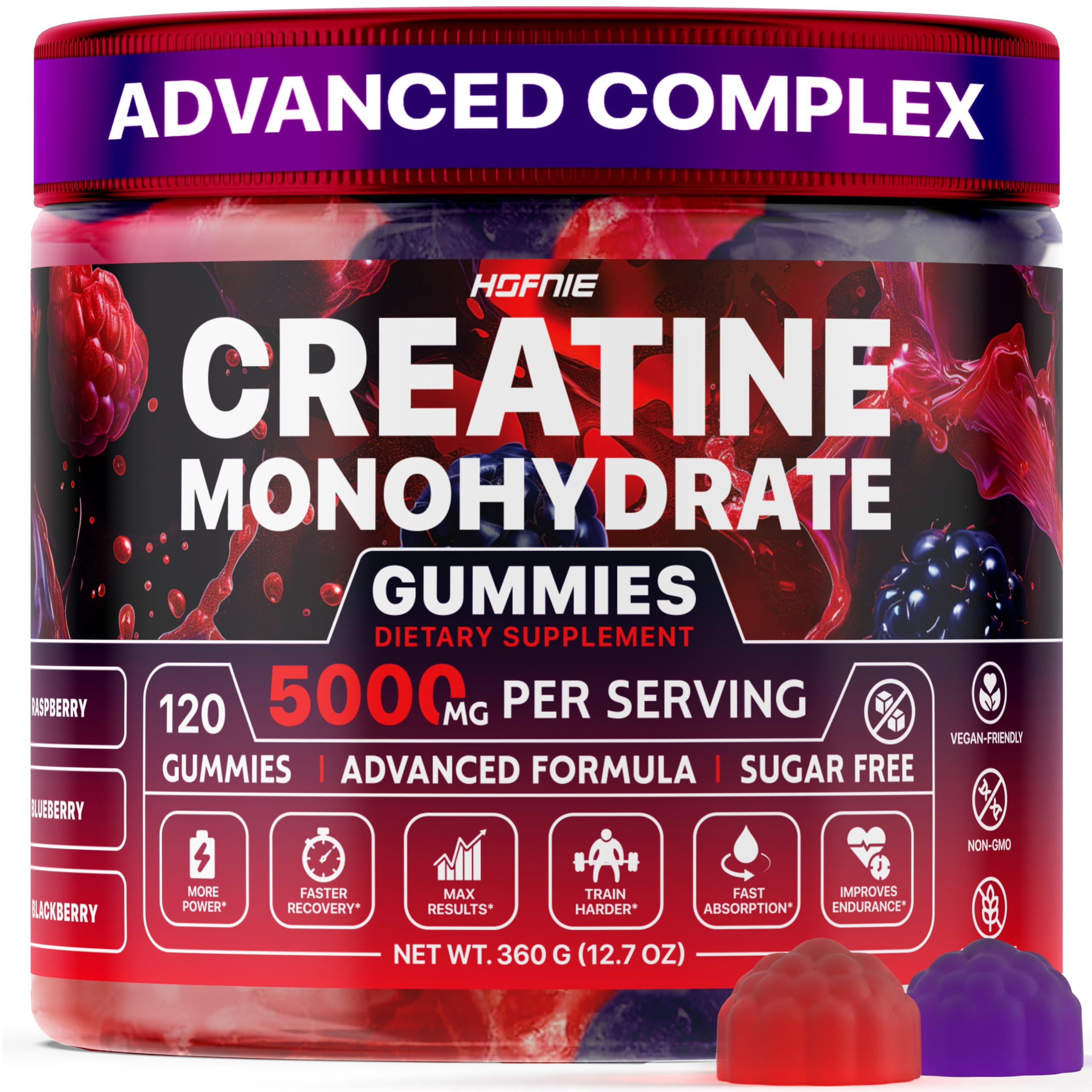 Hofnie Creatine Monohydrate Gummies bottle front with raspberry and blackberry flavor
