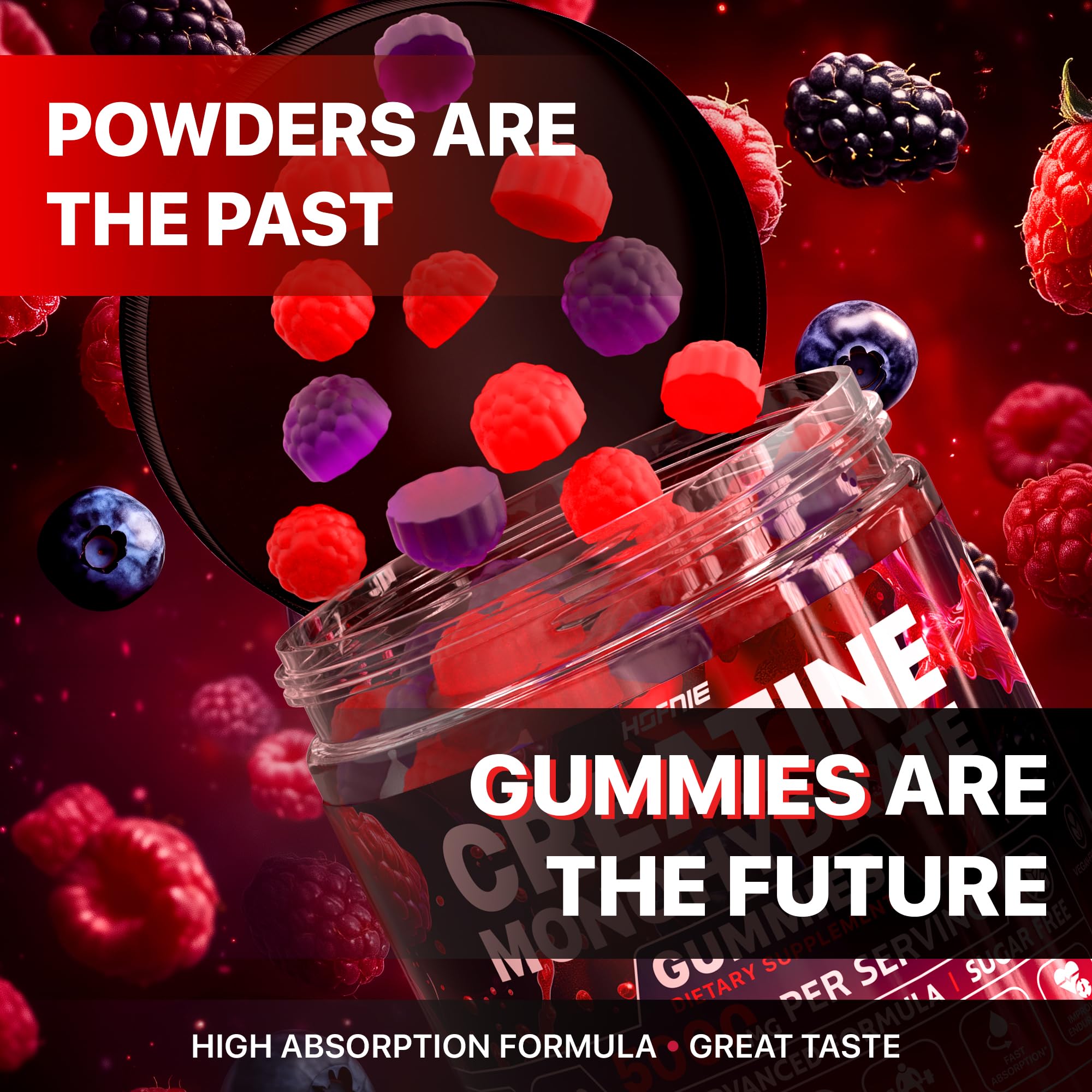 Chewable creatine gummies in a clear bowl with workout gear
