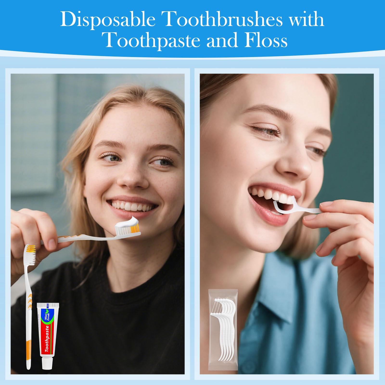 Travel-size hygiene kit components: toothbrush, toothpaste, floss picks