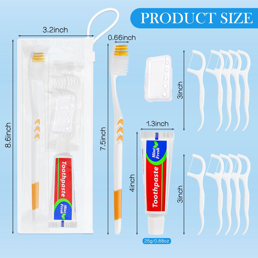 Compact travel kit: toothbrush, toothpaste, floss picks, cover and bag