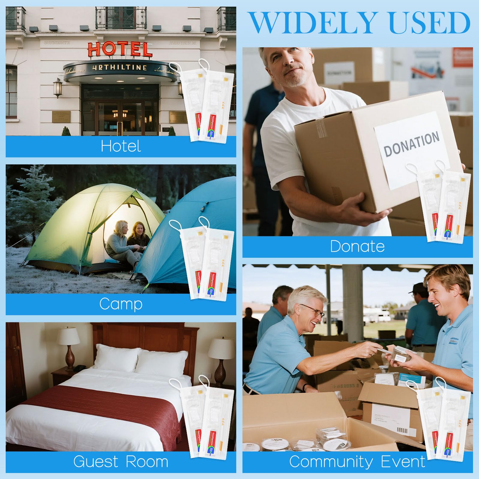 Bulk donation-ready toothbrush sets for hotels, shelters, churches