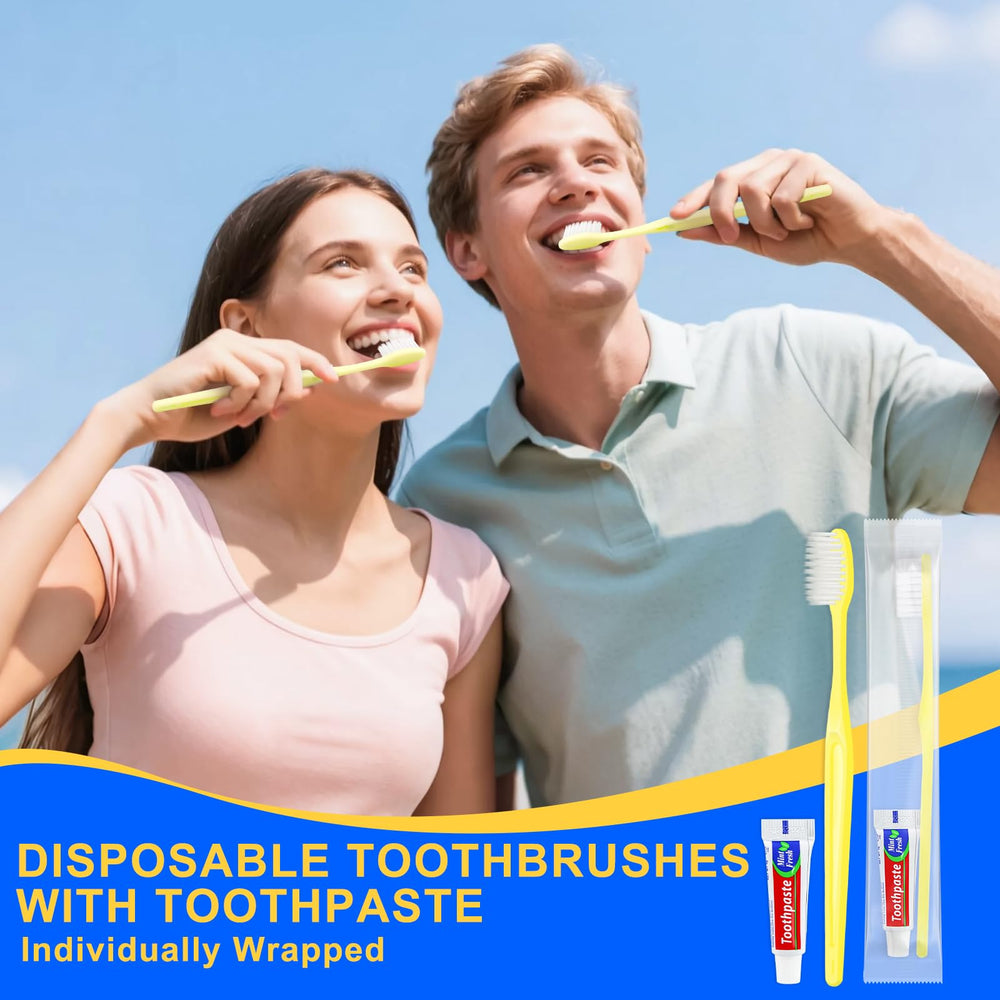 Toothbrushes with toothpaste, combs, and mini soap in travel kit
