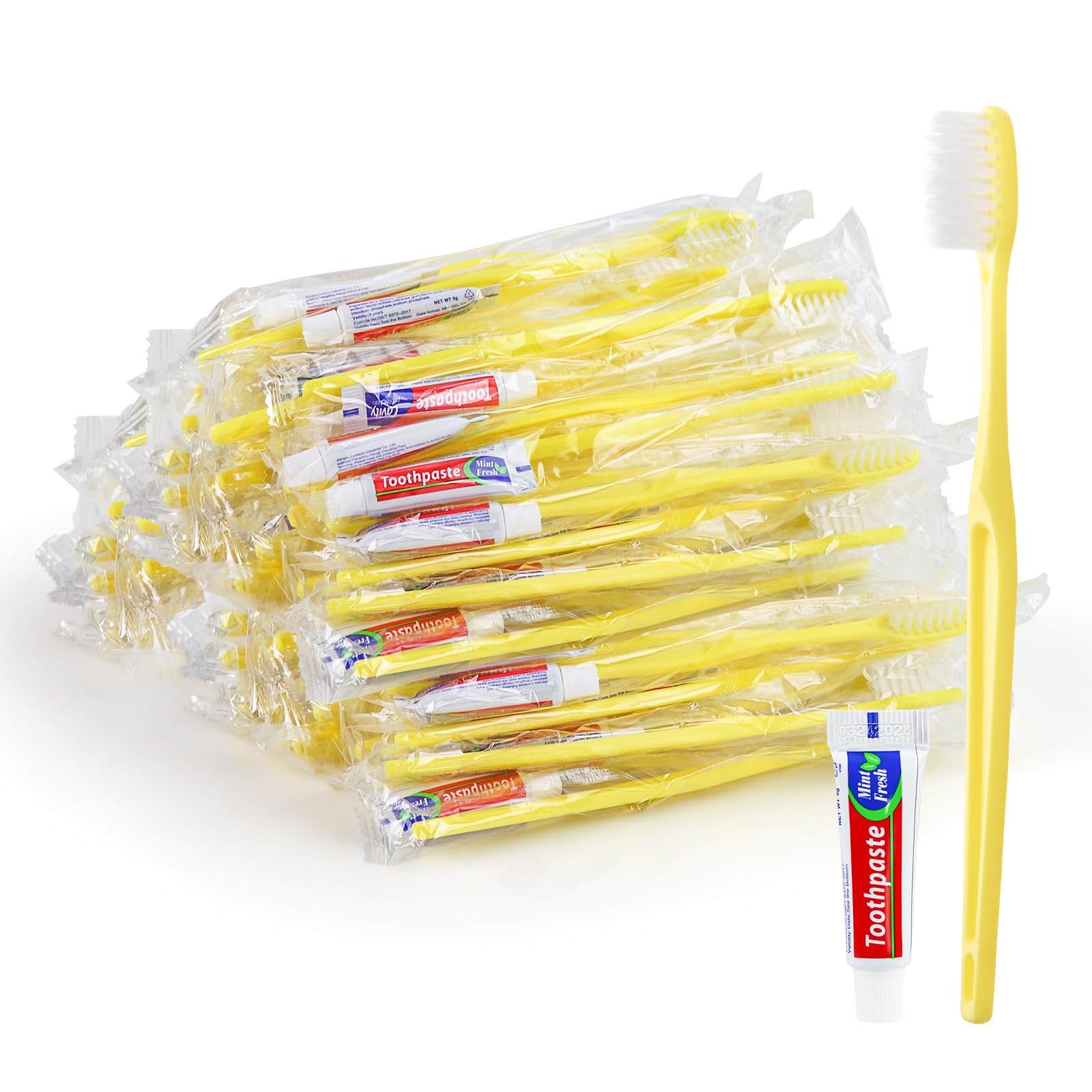 HOIQIRY Yellow Disposable Toothbrushes with Toothpaste – Pack of 100, Individually Wrapped for Travel