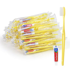 HOIQIRY Yellow Disposable Toothbrushes with Toothpaste – Pack of 100, Individually Wrapped for Travel