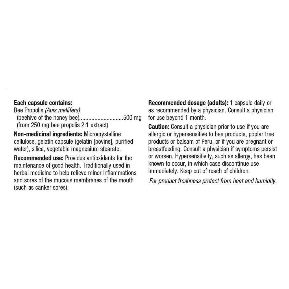 Supplement facts panel for Holista Propolis 500mg