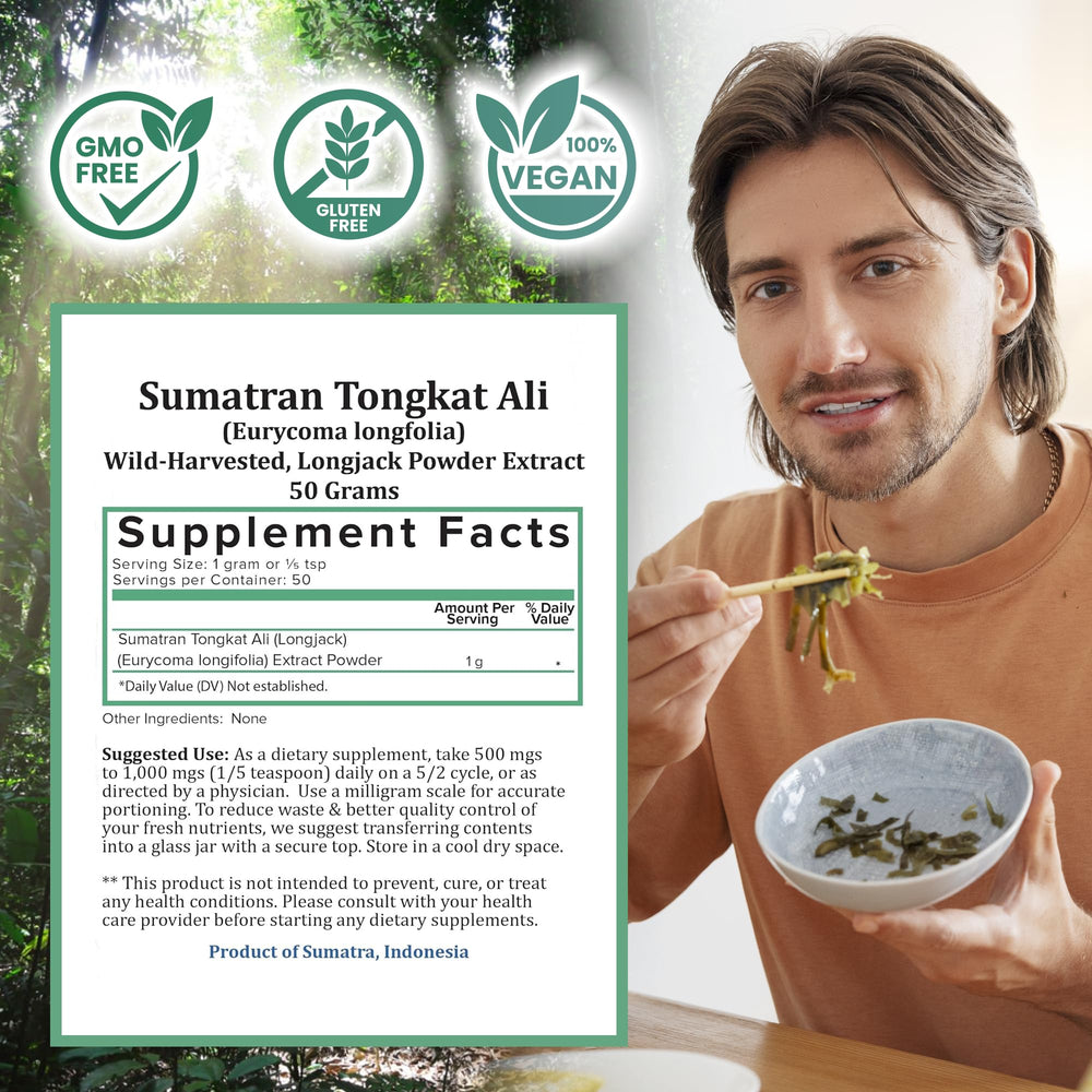 Holistic Bin Tongkat Ali powder close-up showing fine grind for smoothies