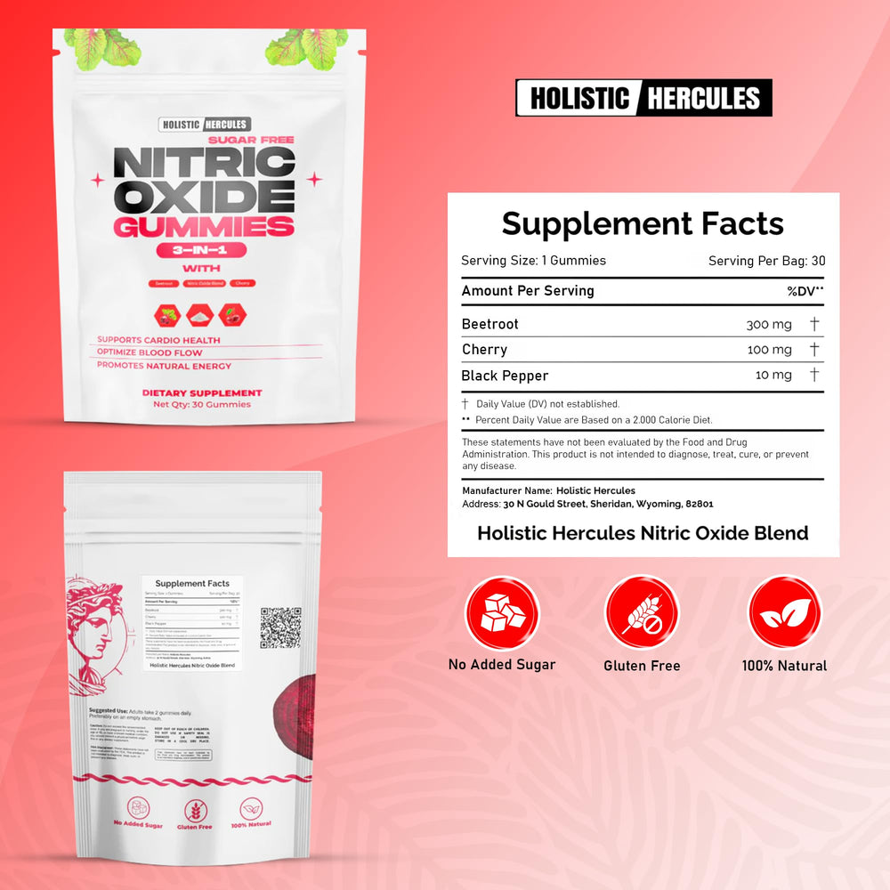 Holistic Hercules Nitric Oxide Gummies beetroot ingredients close-up highlights natural energy and circulation