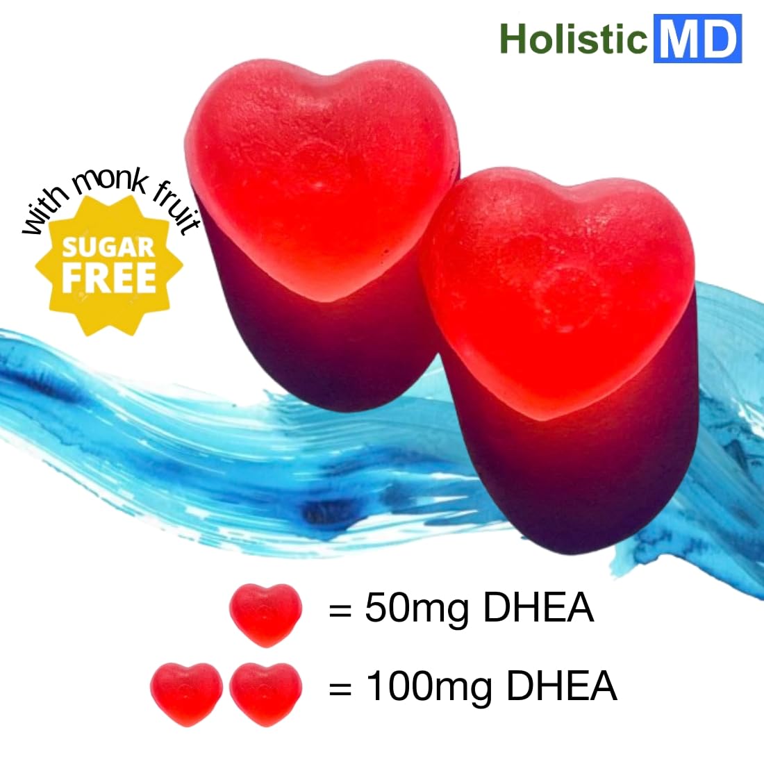 Holistic MD DHEA vegan strawberry ingredients close-up emphasizes plant-based formulation.