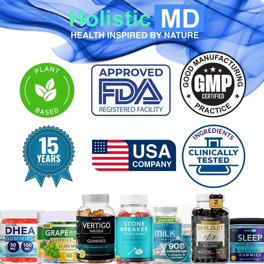 Non-GMO and vegan certification icons with gummies