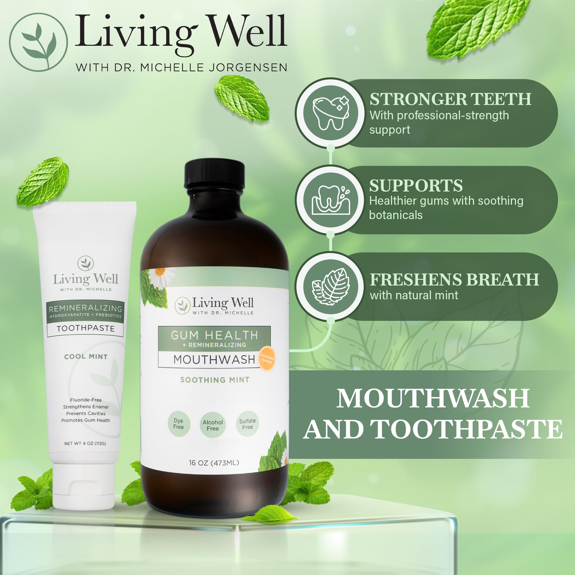 Mint flavored remineralizing toothpaste and mouthwash duo on bathroom counter
