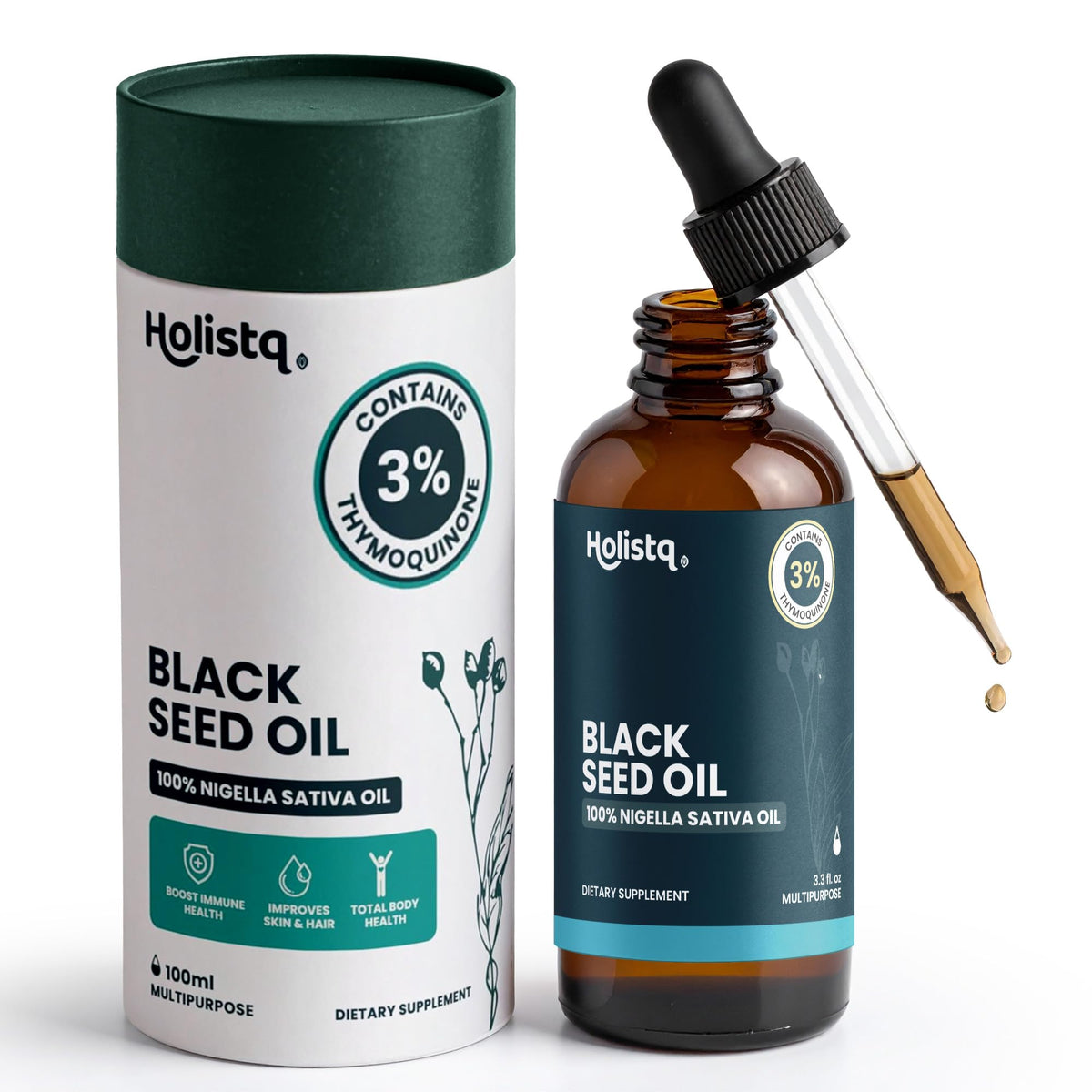 Holistiq Black Seed Oil Drops bottle with dropper – 100 mL