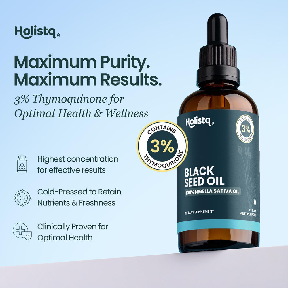 Close-up of 3% Thymoquinone label on black seed oil bottle