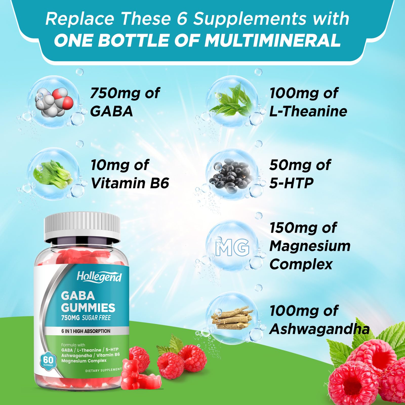 Ingredients: GABA, L-Theanine, 5-HTP, Magnesium, Ashwagandha, Vitamin B6