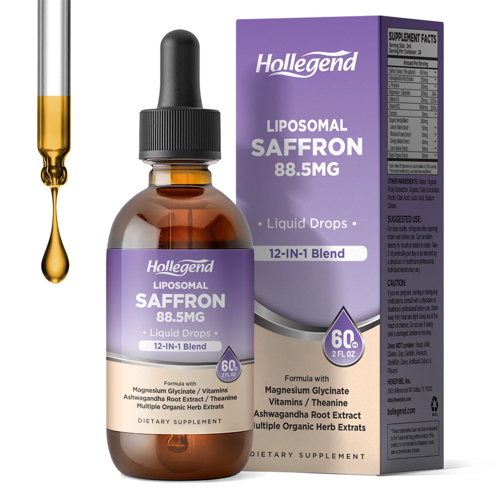 Hollegend Liposomal Saffron Drops bottle front 2 oz