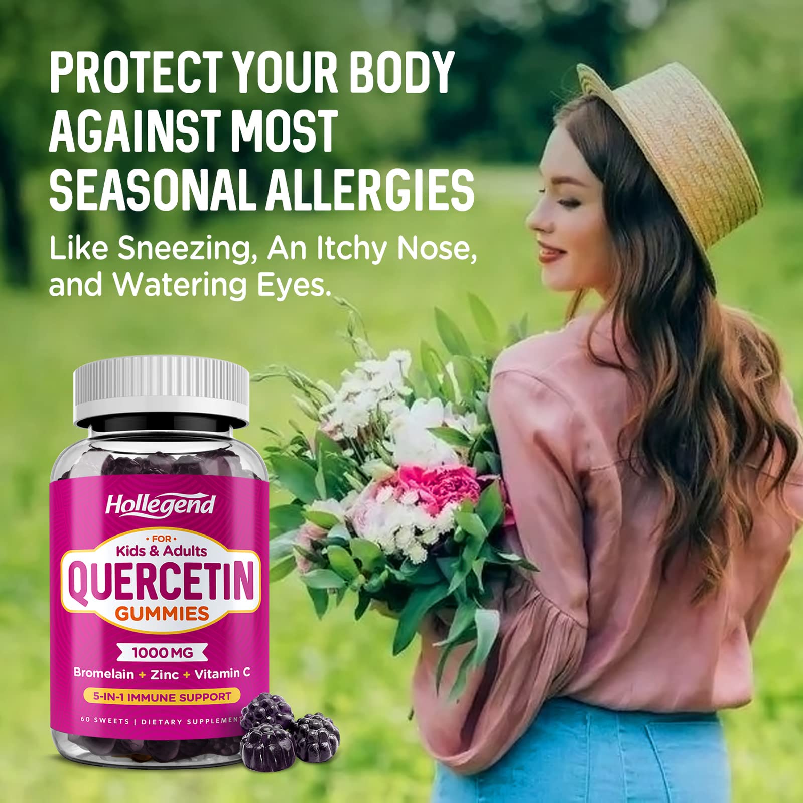 Pack shot of HOLLEGEND Quercetin Gummies with packaging and label