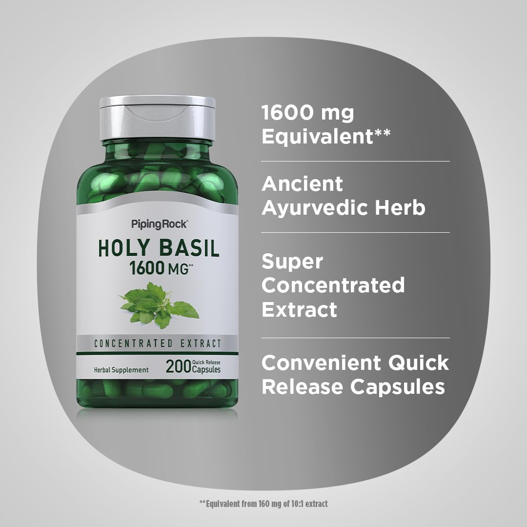Holy Basil capsules showing 1600 mg Ocimum tenuiflorum extract
