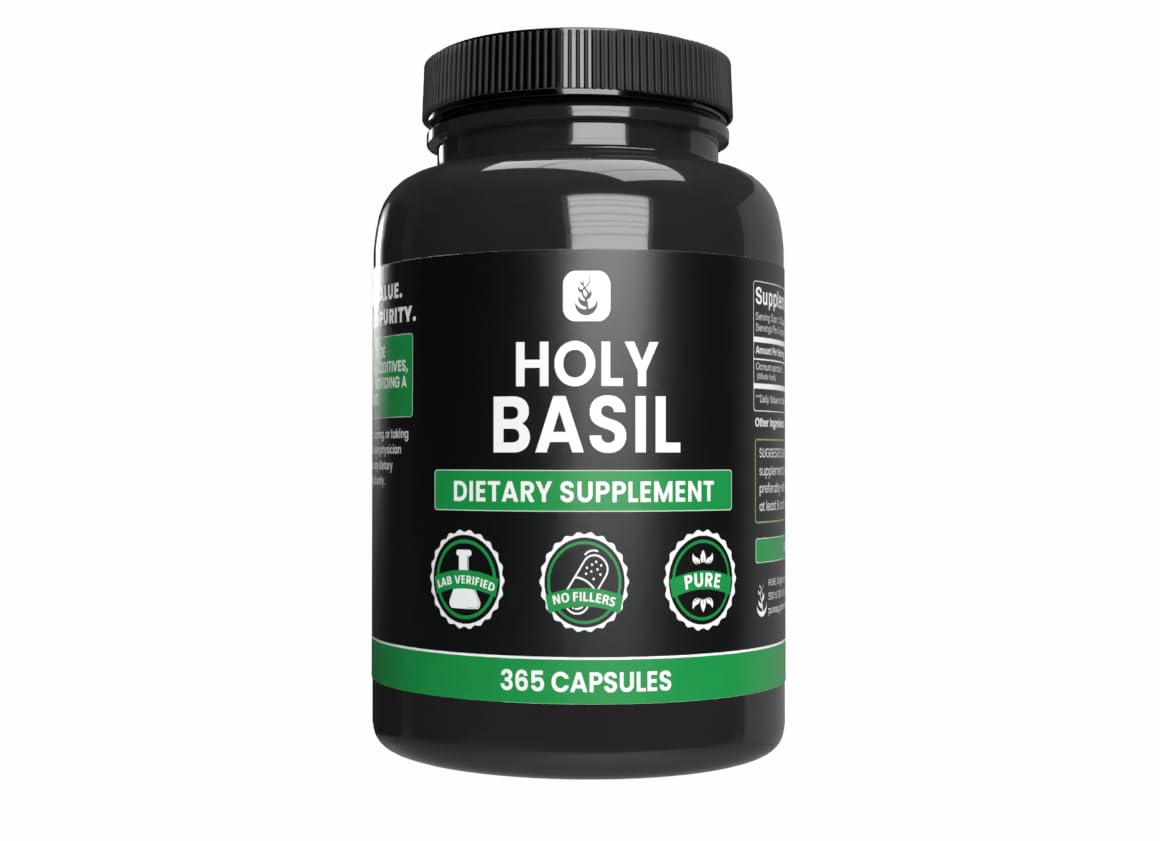 Bottle of Holy Basil capsules labeled Pure Original Ingredients