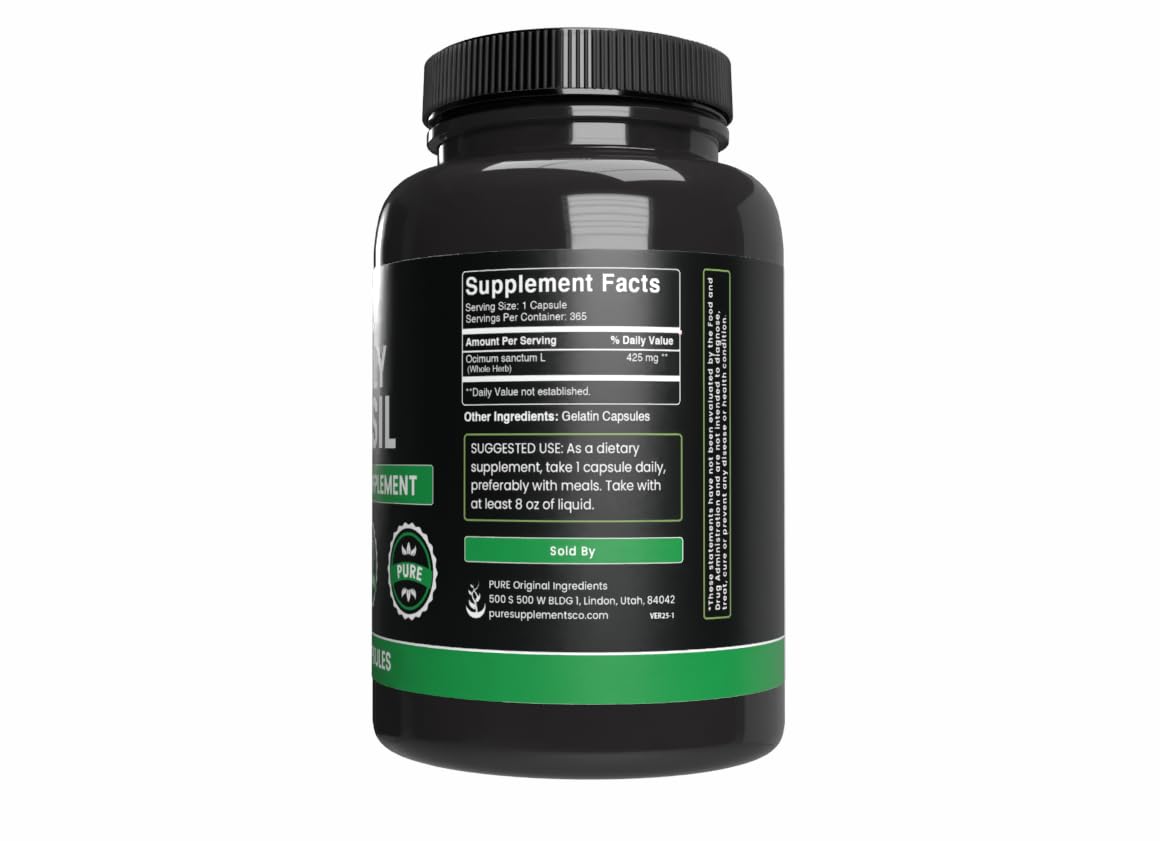 Close-up of single-ingredient Holy Basil capsules