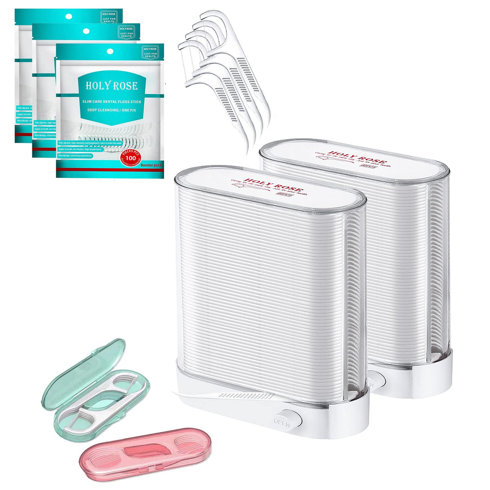 Front view of Holy Rose Dental Floss Picks dispenser with two travel boxes