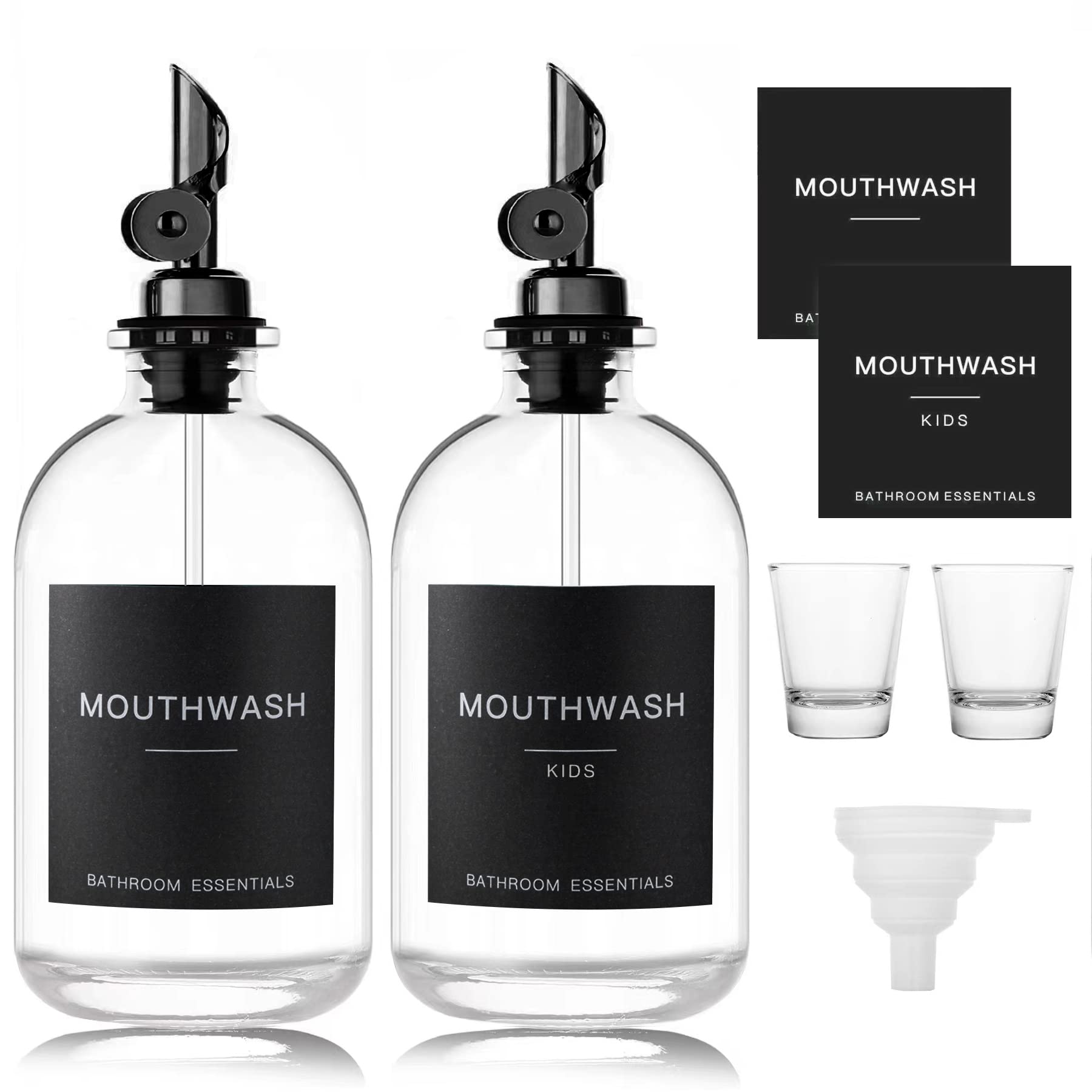 Two black glass mouthwash dispensers with stainless steel spouts – 2-pack
