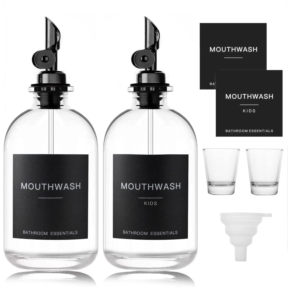 Two black glass mouthwash dispensers with stainless steel spouts – 2-pack