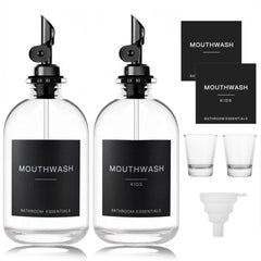 Two black glass mouthwash dispensers with stainless steel spouts – 2-pack
