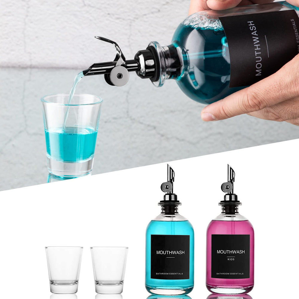 Elegant bathroom display with dark glass bottles on the counter