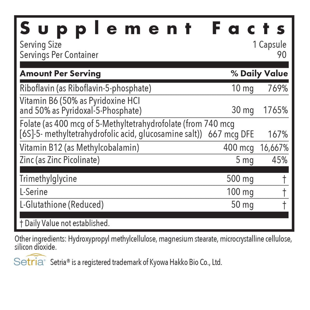 Illustration of ingredients including B2, B6, folate, B12, zinc, L-serine, TMG and Setria Glutathione