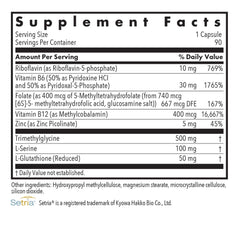 Illustration of ingredients including B2, B6, folate, B12, zinc, L-serine, TMG and Setria Glutathione
