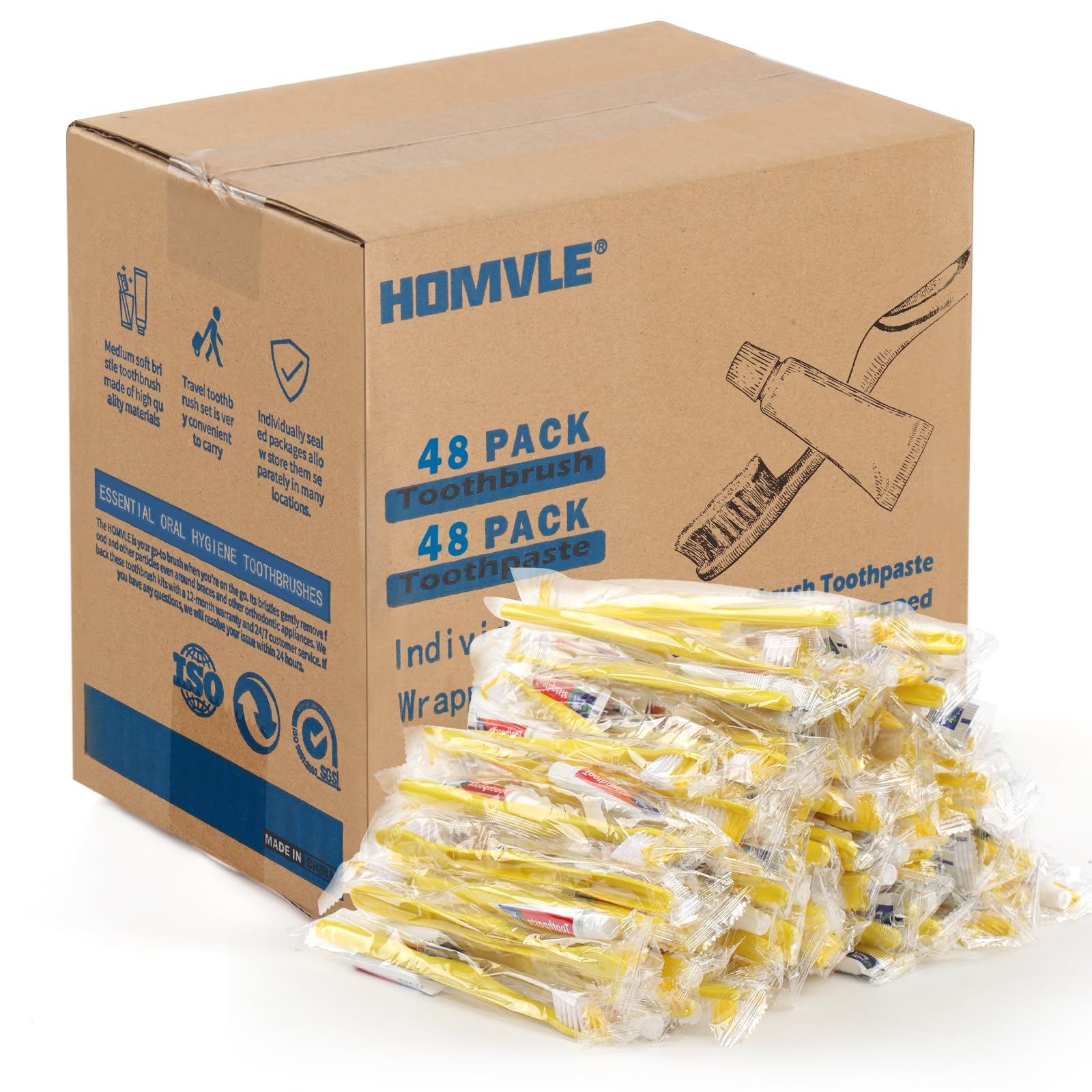 Box of Homvle disposable toothbrushes with toothpaste 48-pack bulk