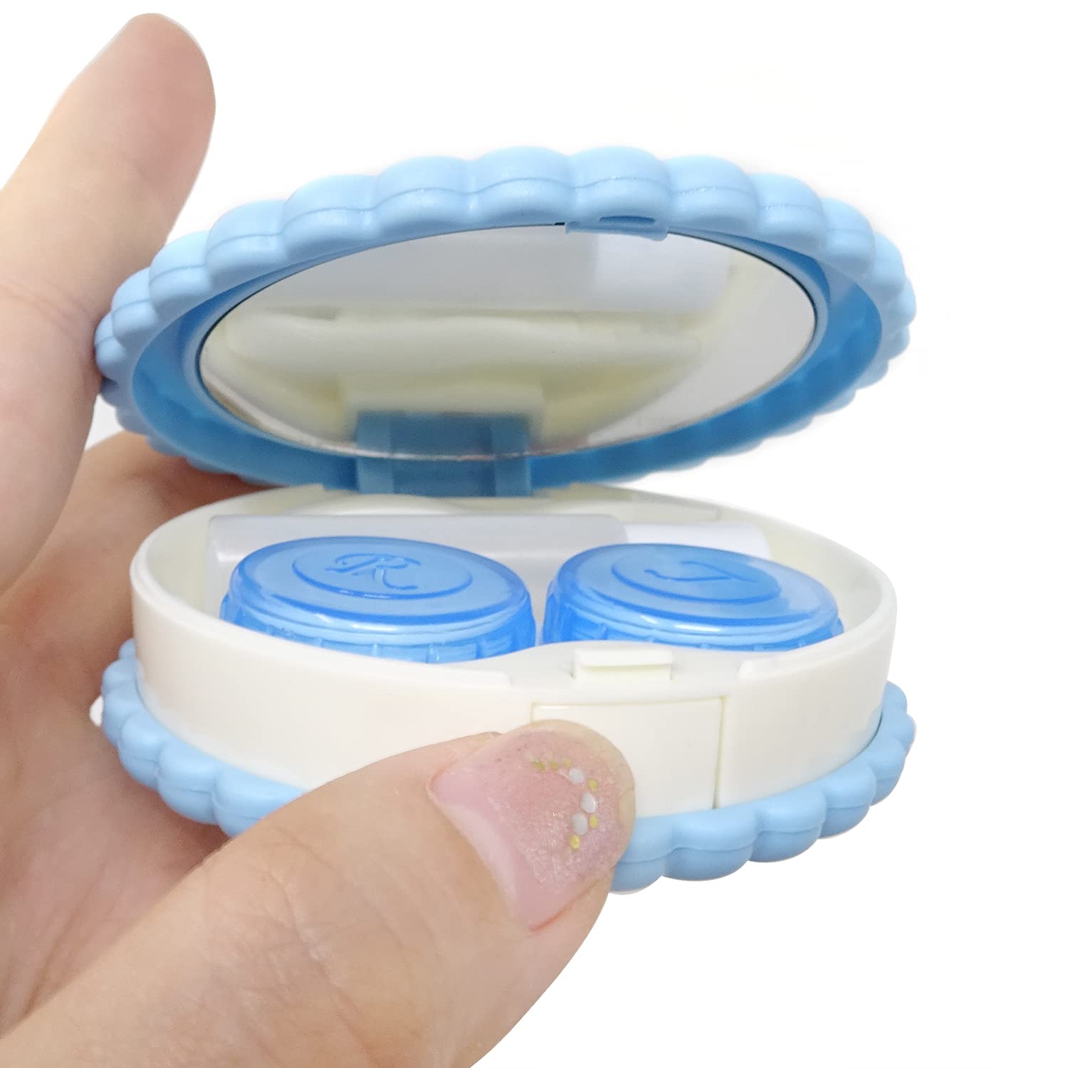 Blue plastic travel-friendly contact lens case close-up