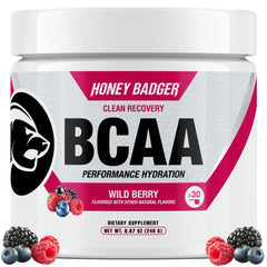 Honey Badger BCAA + EAA Wild Berry bottle front view
