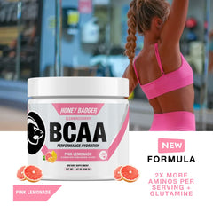 Scoop of Honey Badger BCAA + EAA pink lemonade powder