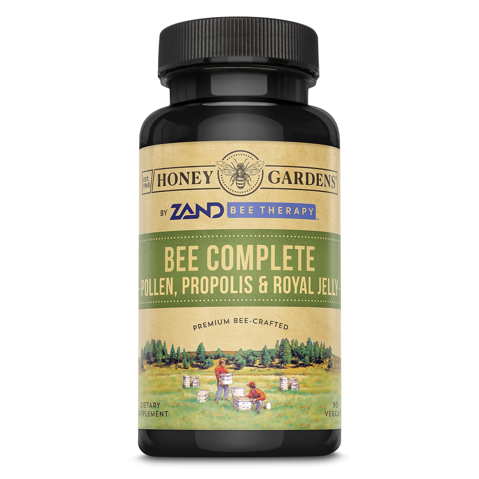 Honey Gardens Bee Pollen, Royal Jelly & Propolis Capsules bottle label
